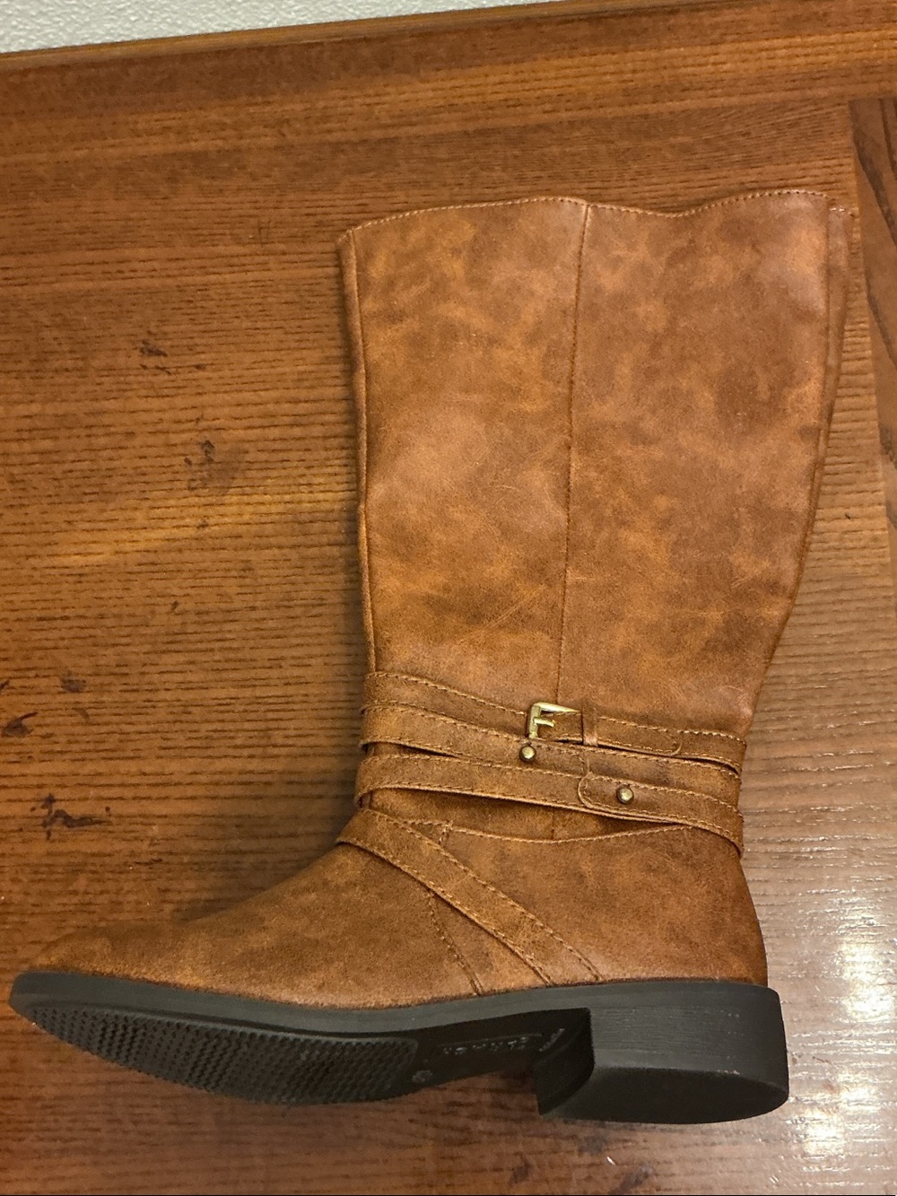 Brash Tan Mid-Calf Riding Boots with Buckle Detail side zipper, Sz 6.5, 3212